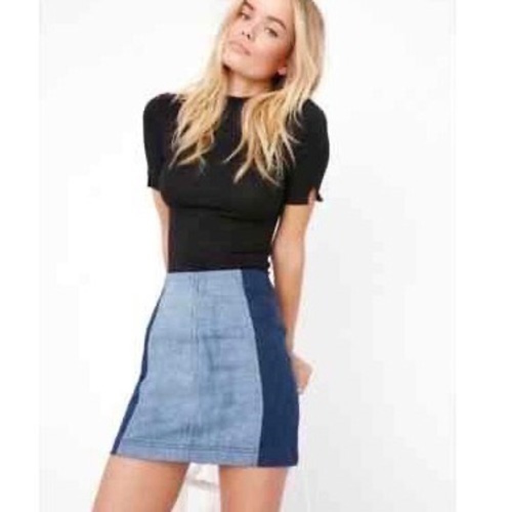 Free‎ People 12 Colorblock Denim 2 Tone Mini Skirt Blue High Waist Cowgirl Rodeo